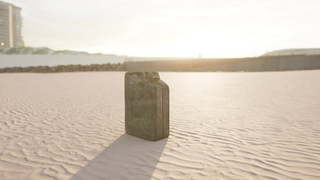 A solitary canister rests on the sand, illuminated by the warm glow of the setting sun. Gentle waves lap nearby, creating a tranquil atmosphere as shadows stretch across the beach.の写真素材