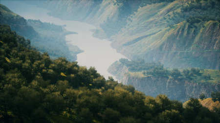 A serene river flows gracefully through verdant mountains, shrouded in mist. The foliage glows in...
