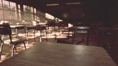 Sunlight filters through large windows in a silent classroom, illuminating empty desks. Shadows stretch across the wooden floor, creating a tranquil atmosphere of learning and reflection.の写真素材