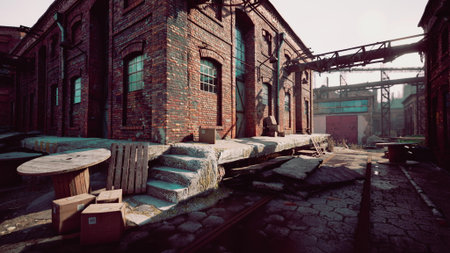In the heart of a deserted industrial area, dilapidated brick buildings bask in the warm afternoon light. Wooden crates and an old spool create a sense of forgotten history.の写真素材