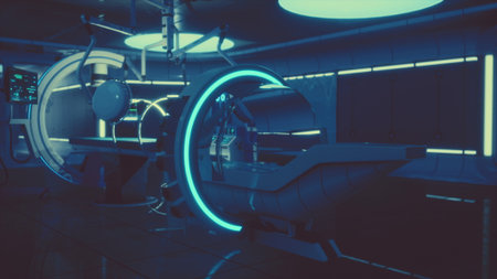 A high tech medical facility is illuminated by vibrant blue lights. Sleek, futuristic equipment fills the room, suggesting advanced technology and innovative healthcare solutions.の写真素材