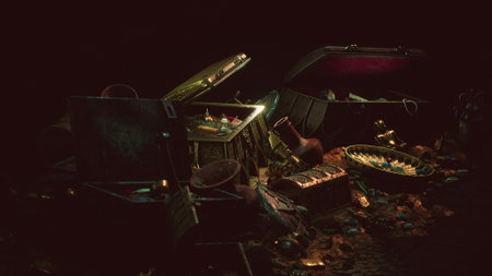 In a dimly lit cave, a treasure trove reveals ornate artifacts and glittering gems. Chests overflow with gold coins, while the air is thick with mystery and adventure.の写真素材