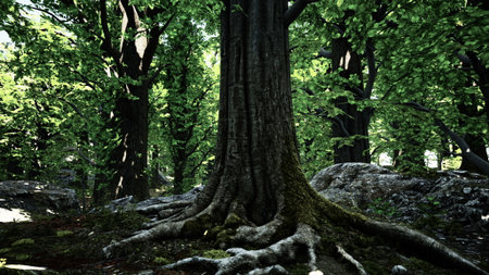 Giant tree roots spread across the forest floor, surrounded by vibrant green leaves and sunlight...