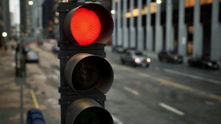 A vibrant red traffic light stands tall amidst a bustling cityscape at dusk. Vehicles are lined up, waiting patiently as the golden glow of streetlights starts to illuminate the urban scene.の写真素材