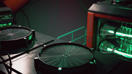 In a modern music studio, a pair of sleek turntables sit ready to spin tracks. Neon green lights illuminate the space, enhancing the energetic vibe of music creation.の写真素材