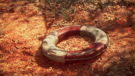 A weathered life preserver lies abandoned on dry, cracked ground. Sunlight filters through sparse...
