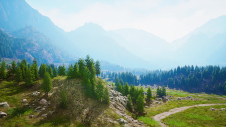 Morning sunlight bathes the serene mountain valley, highlighting vibrant green trees and rugged terrain. Wispy clouds linger above towering peaks, creating a peaceful atmosphere.の写真素材