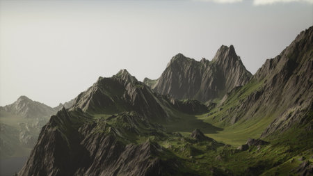 Tall mountains with sharp peaks rise against a clear sky. Lush green valleys spread below,...