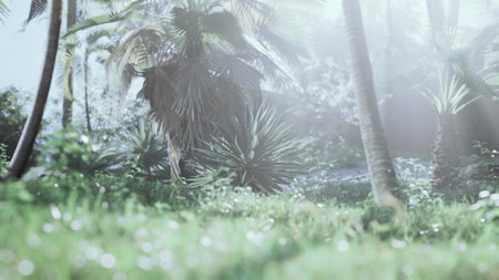 Sunlight gently pours through tall palm trees, illuminating a vibrant green landscape. The serene atmosphere captures the beauty of nature at twilight, inviting calmness and tranquility.の写真素材