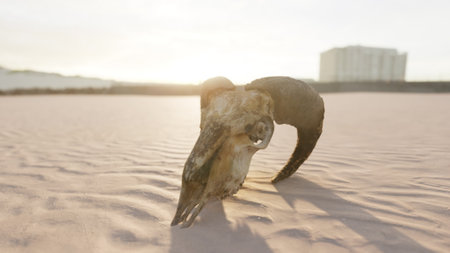A ram skull rests gracefully on soft, sunlit desert sand. The glow of the setting sun illuminates the intricate grooves and curves.の写真素材