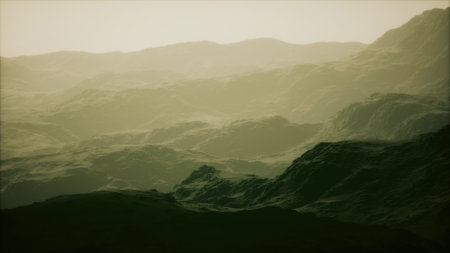 Soft green hues envelop rugged mountain ranges as they fade into the distance. A serene atmosphere...