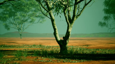 Vibrant green trees stand tall in the serene Australian outback. The rich orange soil contrasts with...