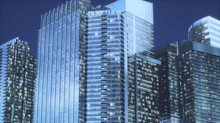 Tall buildings dominate the urban landscape under a deep blue night sky. Illuminated windows...