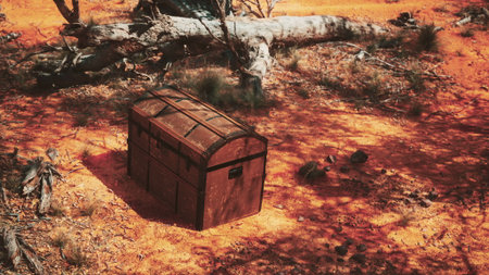 A weathered wooden treasure chest rests on vibrant orange soil beneath scattered trees. Sunlight creates intriguing shadows, enhancing the sense of mystery in this secluded place.の写真素材