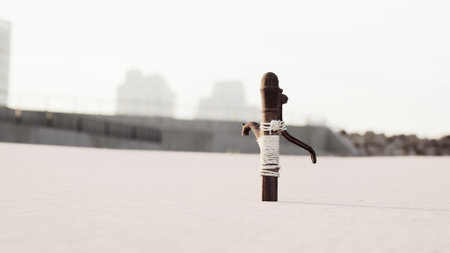 A stick stands upright in soft sand, wrapped with string, on a calm beach. In the background,...