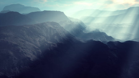 Soft rays of sunlight filter through misty mountain peaks at dawn. Shadows dance across rugged...