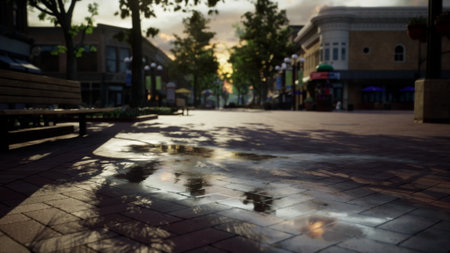 Puddles shimmer on the brick pavement of a peaceful city square. Trees cast shadows as the sun sets in the background, highlighting a serene atmosphere and inviting exploration.の写真素材