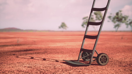 A unique farming tool is seen resting on parched red soil. The landscape features a distant horizon with sparse trees. The scene captures the essence of agricultural resilience.の写真素材