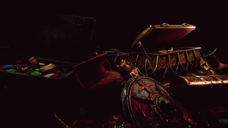 Various ancient treasures are scattered around a dark room. Gold coins, jewelry, and ornate shields reflect soft light, hinting at a rich history and hidden stories beneath the surface.の写真素材