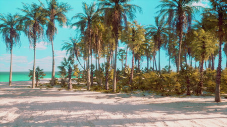 Golden sand stretches along the shoreline, dotted with lush palm trees under a bright blue sky. Sunlight casts playful shadows, creating a tranquil atmosphere perfect for relaxation.の写真素材
