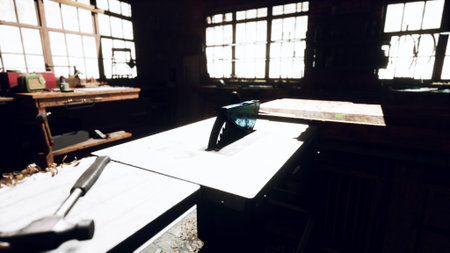 Woodworking tools and materials rest on a workbench in a dimly lit workshop. Sunlight filters...