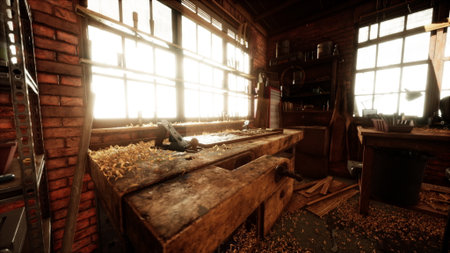 Sunlight streams through large windows, illuminating a rustic workshop cluttered with wooden shavings and tools. A workbench displays signs of recent craftsmanship.の写真素材