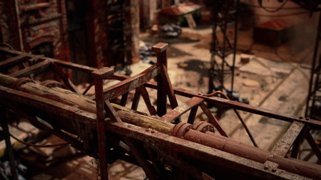 Inside an old industrial site, rusty beams and weathered machinery create a haunting atmosphere. The scattered debris hints at forgotten activities, while shadows dance across the ground.の写真素材