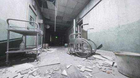 In a haunting hospital corridor, shadows loom as old wheelchairs and medical carts sit abandoned among shards of broken tiles. The atmosphere is heavy with silence and decay.の写真素材
