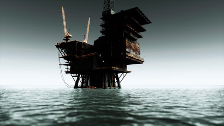 Rusting and worn, an oil rig rises from the serene waters under a calm sky. Its industrial structure reflects a forgotten era, creating a striking contrast against the tranquil sea.の写真素材