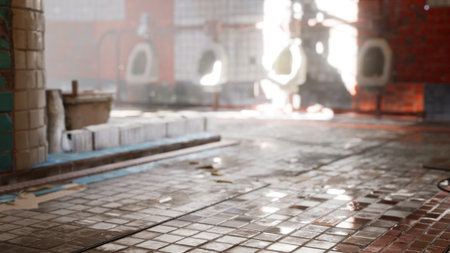 Water glistens on the tiled floor of a public restroom, where sunlight streams through high windows. The space shows signs of use, enhancing its rustic charm in an urban landscape.の写真素材