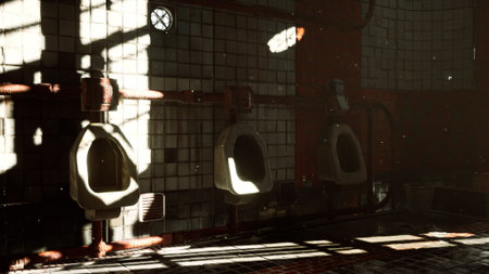 Sunlight streams through dusty windows, creating dramatic shadows in a deserted restroom. Three old urinals line the wall, adding to the eerie atmosphere of neglect.の写真素材