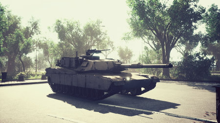 A robust tank stands boldly on a quiet street, bathed in warm sunlight. Tall trees frame the scene,...