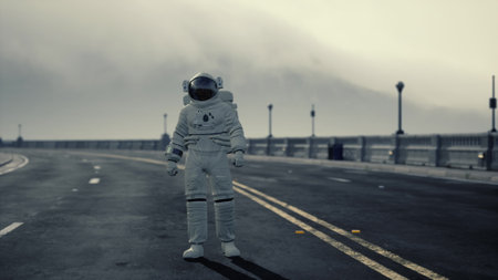 An astronaut in a space suit walks alone on a deserted road. Gray clouds loom overhead as streetlights cast an eerie glow. The scene feels surreal and contemplative.の写真素材