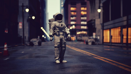 An astronaut in a classic space suit strolls through empty city streets as dusk settles, creating a surreal contrast of urban life and cosmic adventure. The ambiance is quiet and intriguing.の写真素材