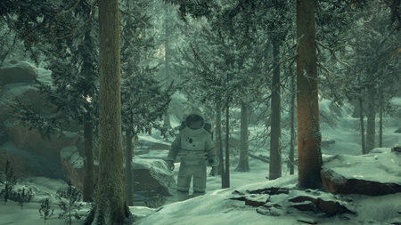 Amid a serene forest of towering trees and snow covered ground, a solitary astronaut navigates the...