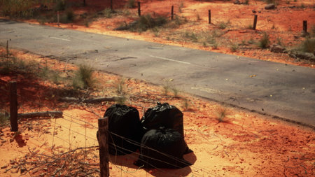 Dark trash bags are placed beside a dusty road in a barren desert area. The orange sand reflects a harsh sun, highlighting the need for cleanliness in nature and awareness of waste.の写真素材