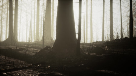 Sunlight gently filters through a dense forest, creating an ethereal atmosphere. Tall trees stand...