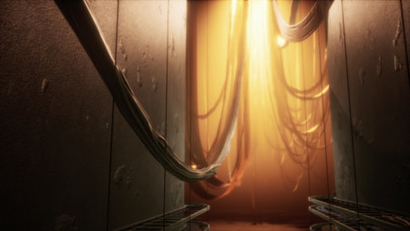 Warm light streams down a narrow corridor lined with intricate wires, creating an otherworldly...