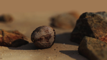 A solitary nut lies on a sandy beach, surrounded by various pebbles. The soft glow of sunset illuminates the scene, creating a serene and tranquil atmosphere.の写真素材