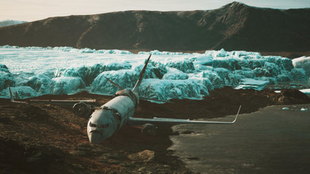 An airplane wreck is nestled near a massive glacier, surrounded by ice and rocky terrain.