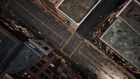 From a high vantage point, the bustling city intersection comes alive as the sun sets. Streetlights...