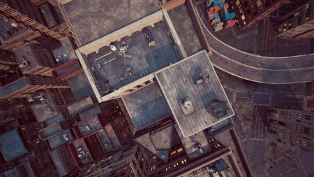 High above the bustling cityscape, rooftops reveal a unique view of urban life. Sunlight casts...
