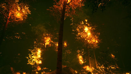 Intense flames rise from the forest, consuming the trees. The dark sky casts an eerie atmosphere as...