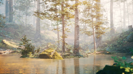 A tranquil forest scene features tall trees surrounded by gentle water. Sunlight filters through the leaves, creating a peaceful atmosphere filled with natures beauty and soft sounds.の写真素材