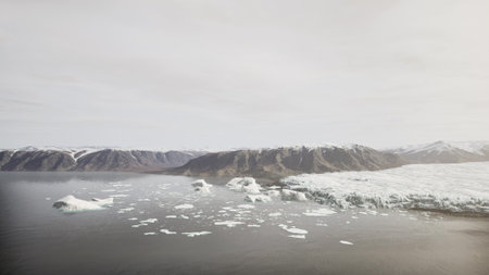The stunning Arctic scenery showcases large icebergs floating in calm waters, surrounded by dramatic...