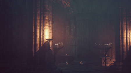 Shadows dance in the ancient hall where tall stone pillars rise towards the ceiling. Flickering...