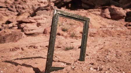In a sunlit desert, a vintage picture frame stands alone, partially buried in the sandy ground,...