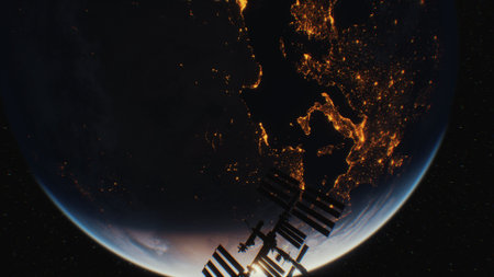 Bright city lights illuminate the dark earth, showcasing the beauty of our planet from space. The...