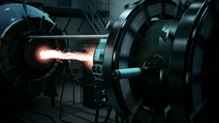 Inside a high tech facility, engineers observe a powerful energy generator in action. Bright sparks...