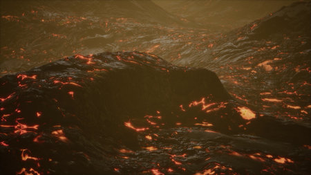 Rivers of glowing lava snake across a rugged terrain, casting an orange light on the surrounding...